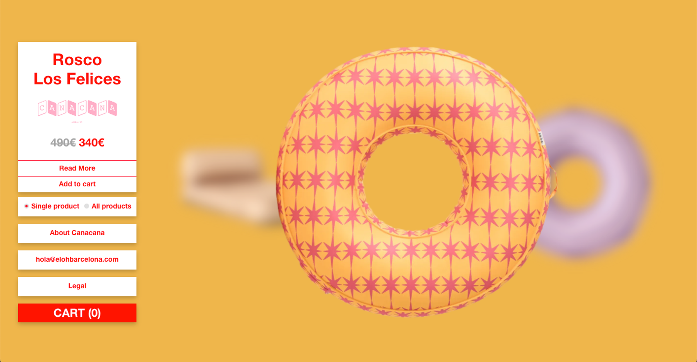 Eloh Barcelona store in single-product view: the Rosco Los Felices inflatable ring on a mustard page, with the white product card on the left