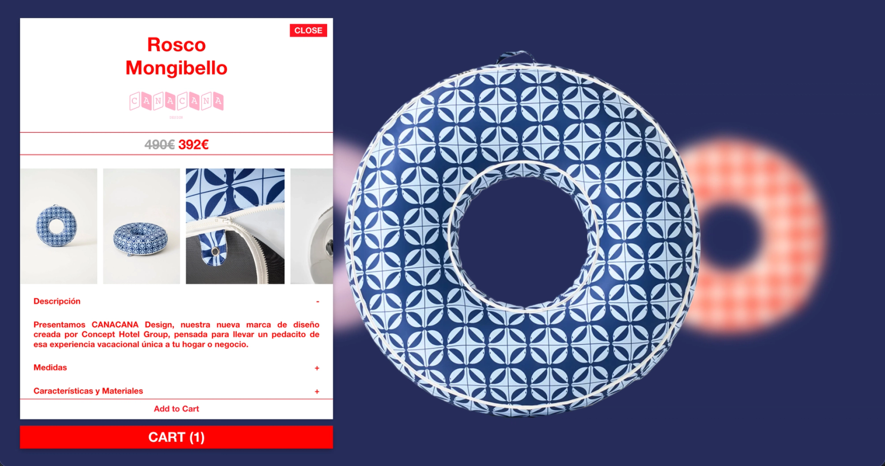 Rosco Mongibello product sheet opened as a white card over a navy page, with the blue patterned ring behind
