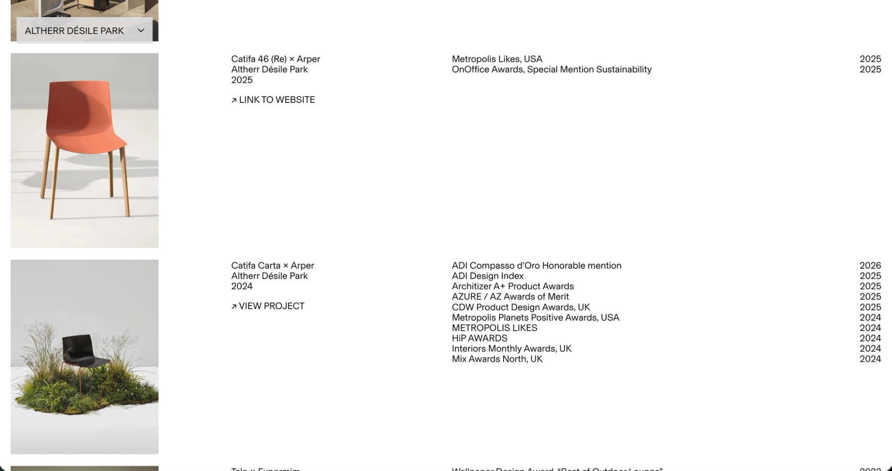 Awards page: projects on the left, distinctions and years on the right