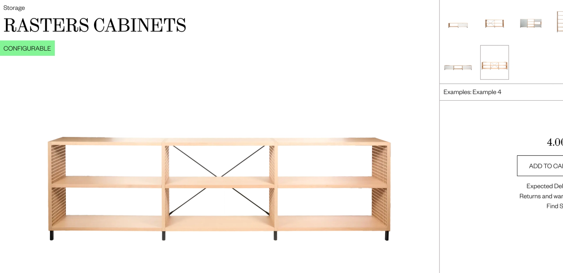 Rasters Cabinets product page with a wooden shelving unit and a configurable badge