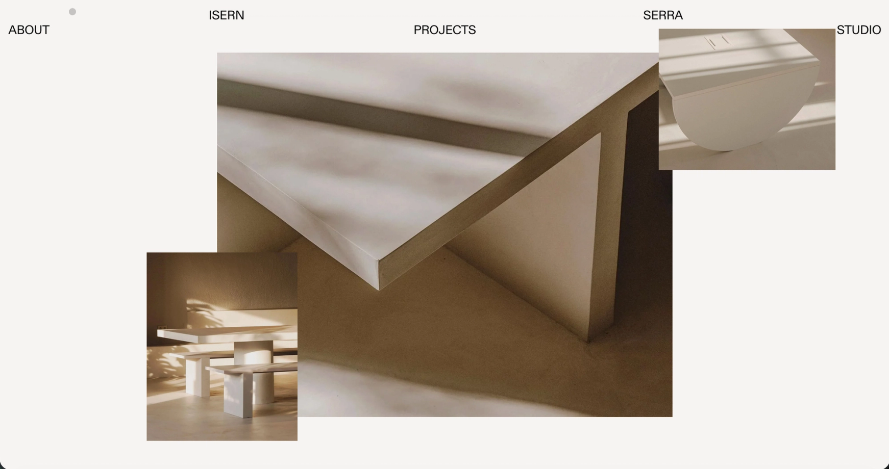 Home page collage of a stone-based table and a plaster bench, images fading into each other