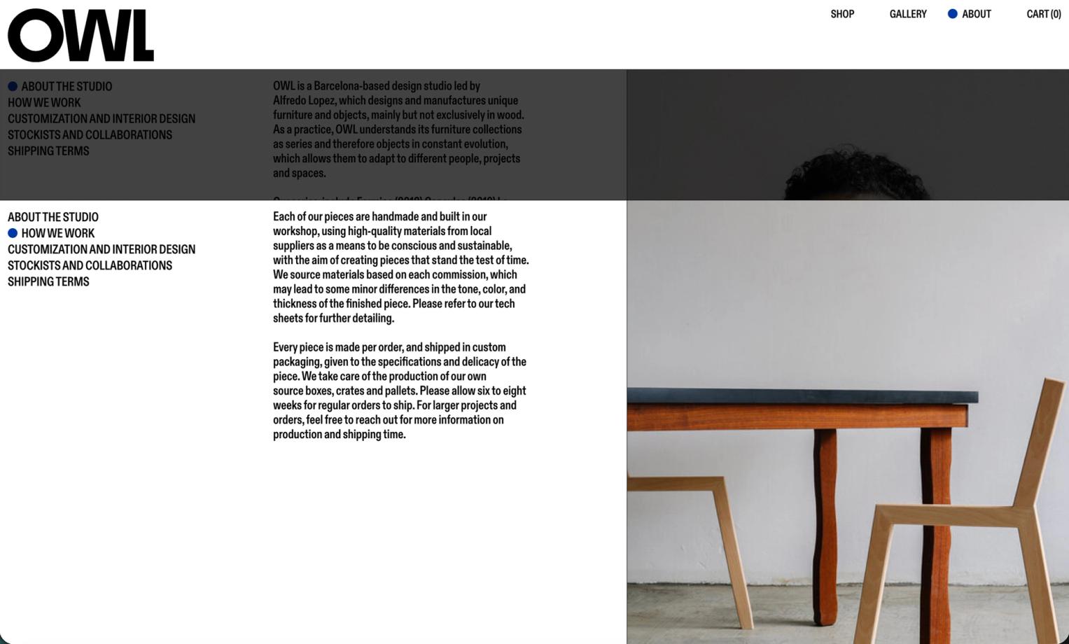OWL about page: text on how the studio works and a photograph of a wooden table and chair