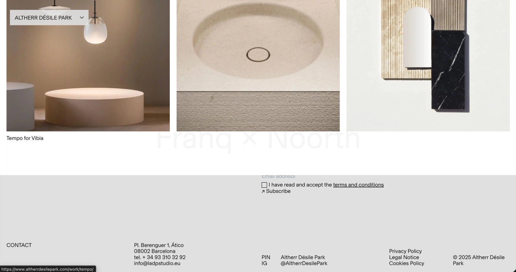 Tempo for Vibia lighting photographs above the newsletter form and contact footer