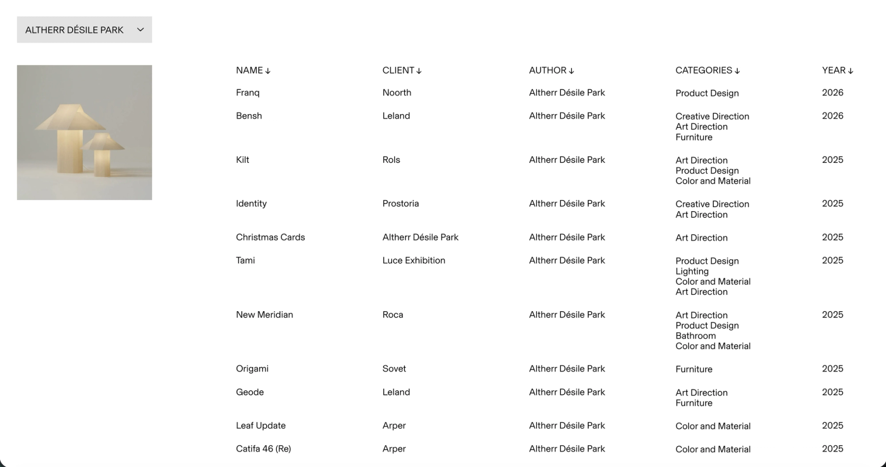 Archive table with columns for name, client, author, categories and year