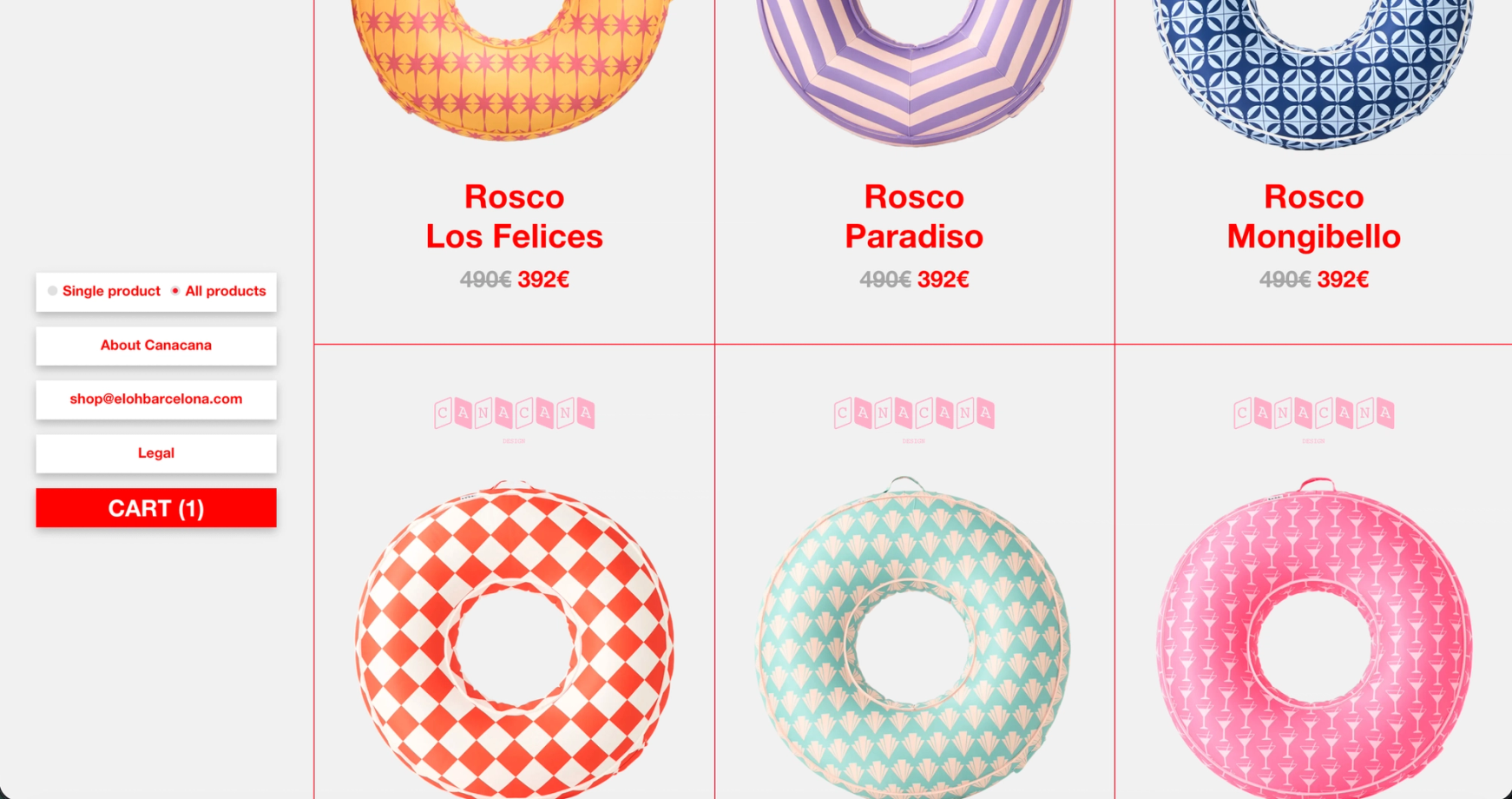 All-products grid with six Rosco rings in different prints, names and prices in red