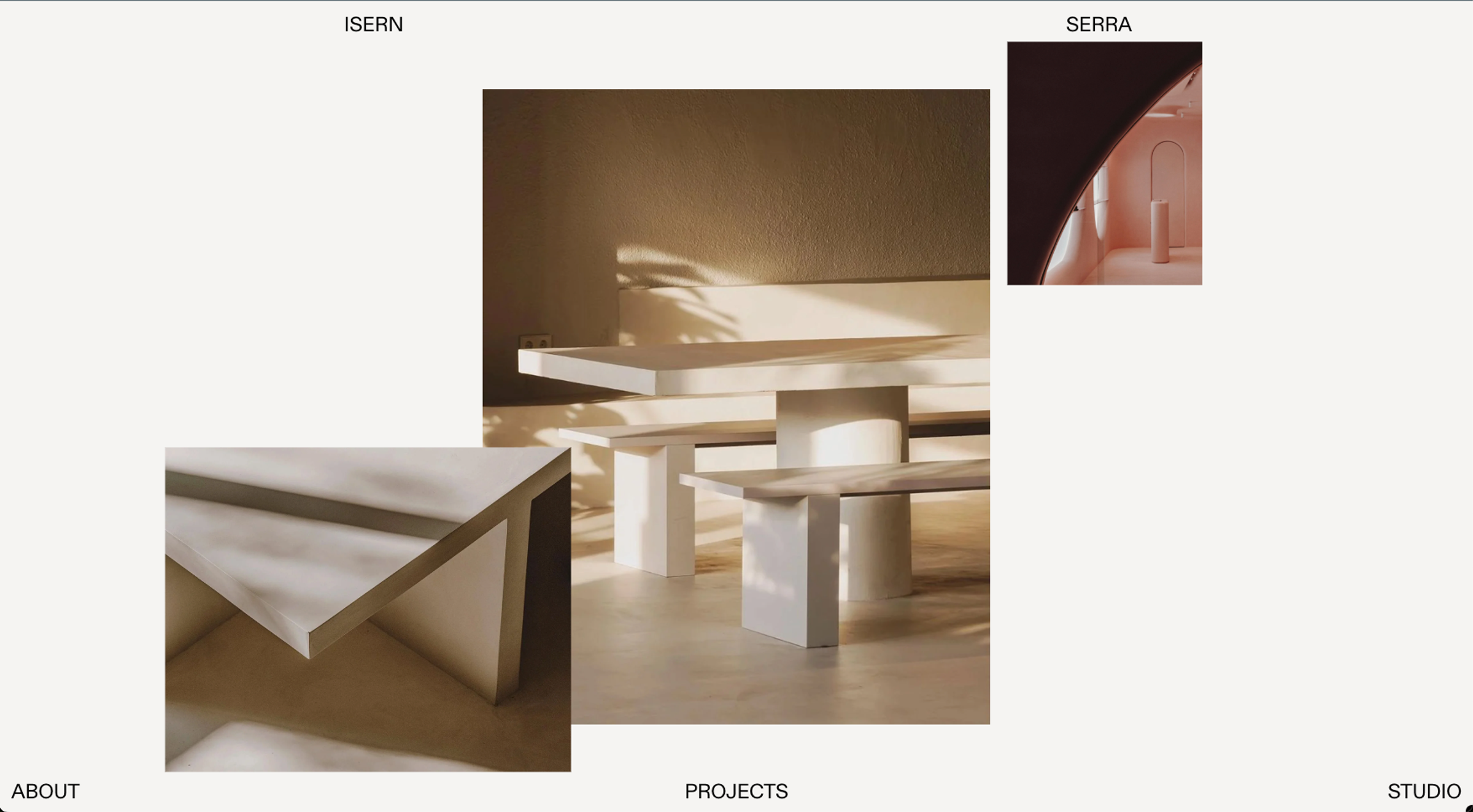 Isern Serra home page: overlapping photographs of stone and plaster furniture between the words ISERN and SERRA