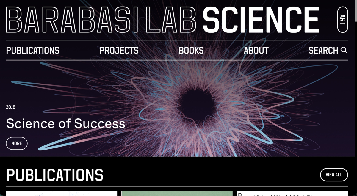 Barabasi Lab home page: the Science of Success network visualisation on black