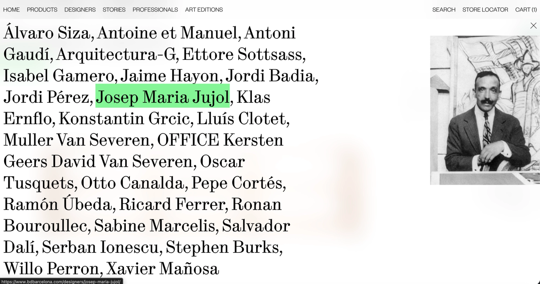 Designers index as a running list of names, with Josep Maria Jujol highlighted and his portrait