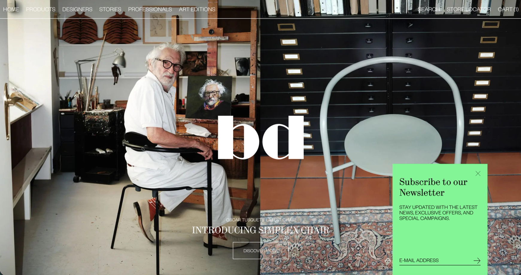 BD Barcelona story page: a designer seated in his workshop next to a white chair, with a newsletter pop-up