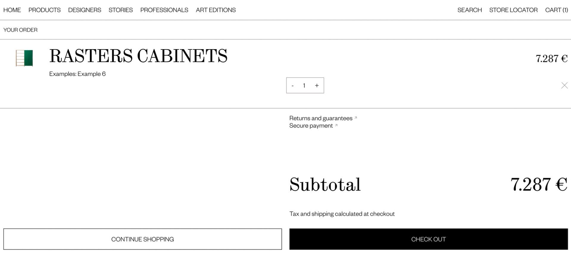Cart page with a Rasters Cabinets unit, subtotal and checkout buttons