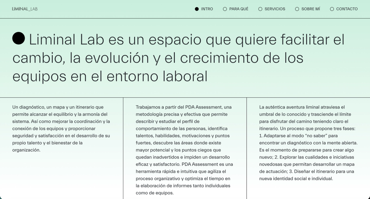 Liminal Lab home page: a green header with the studio's mission statement and three text columns