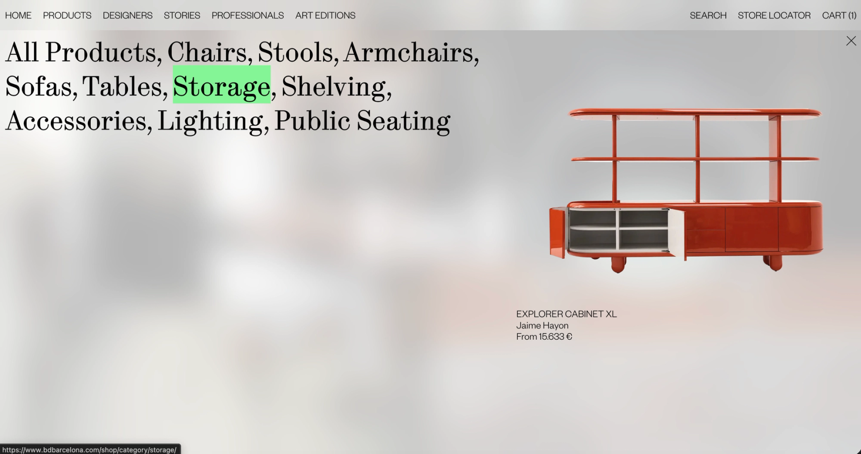 Products menu listing categories, with Storage highlighted and the Explorer Cabinet XL in red