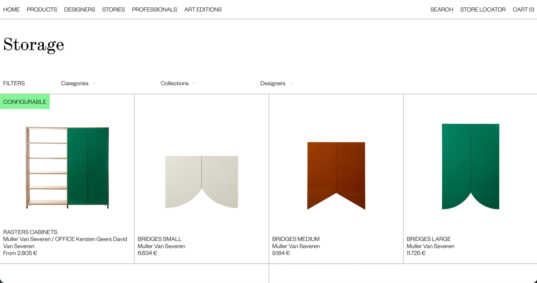 Storage category page with a filter bar and four Bridges and Rasters cabinets