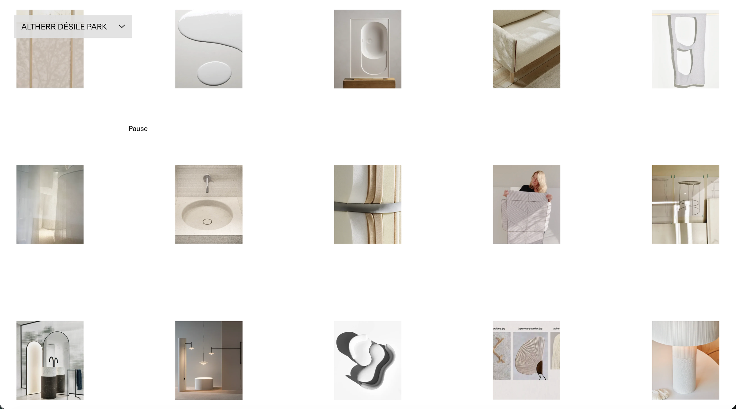Altherr Désile Park home page: a wall of fifteen small product photographs on white