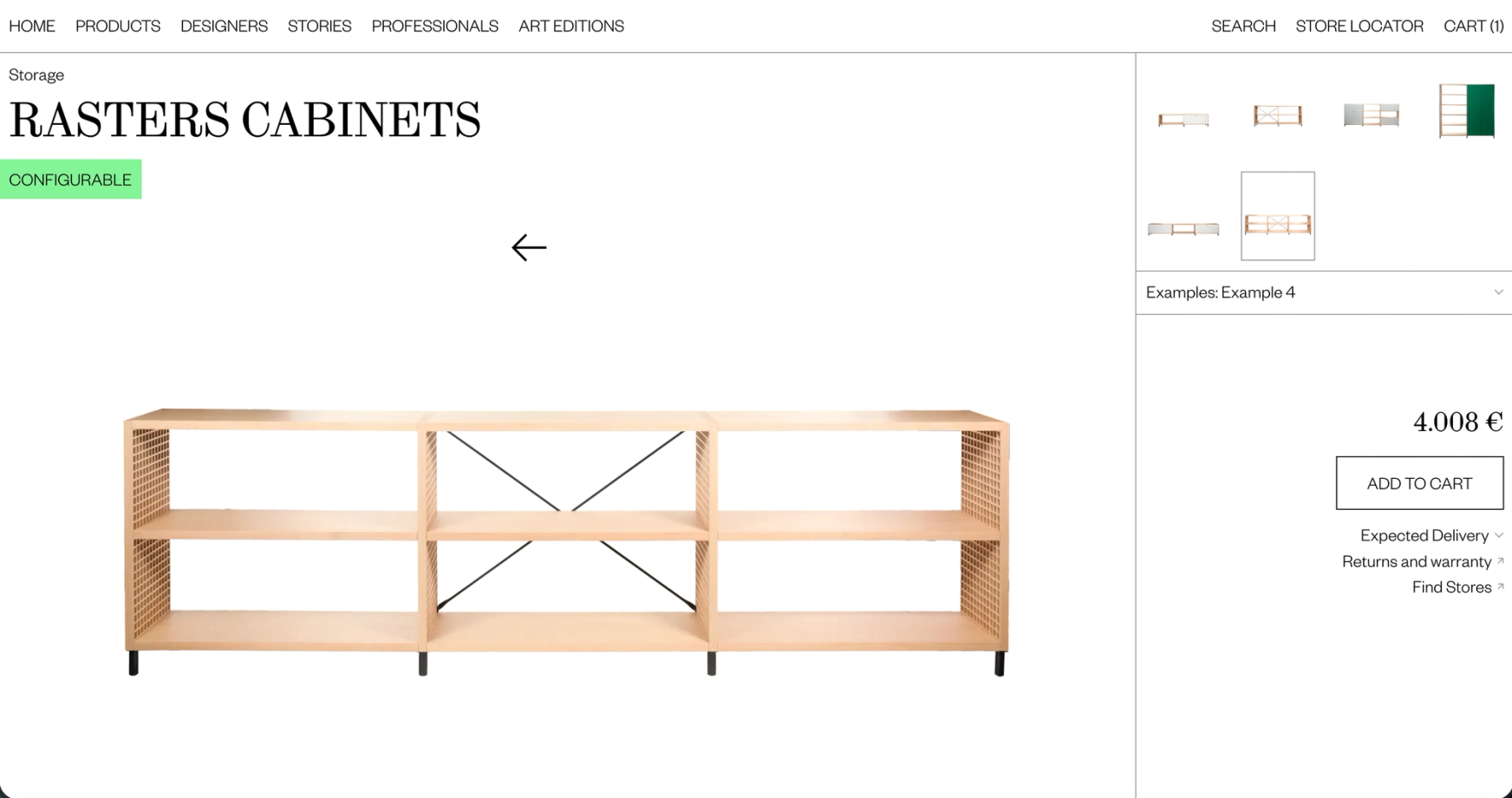 Rasters Cabinets configurator with the unit in wood and the price on the right