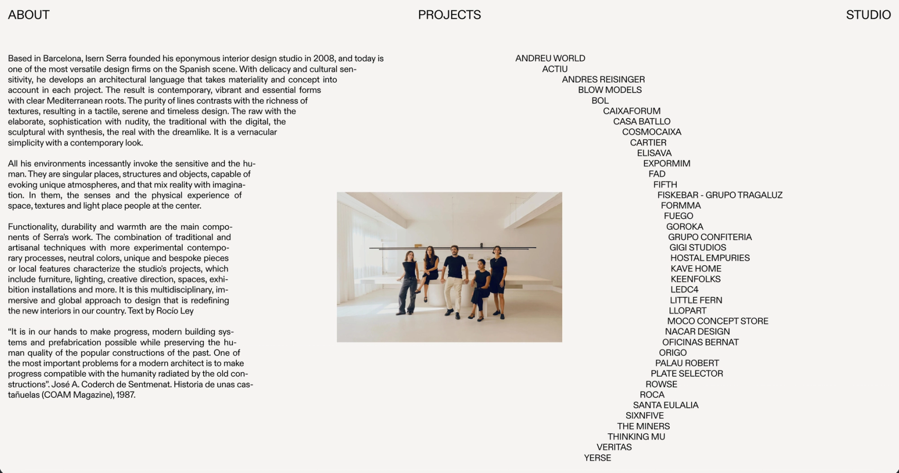 About page: text on the left and the client list curving down the right