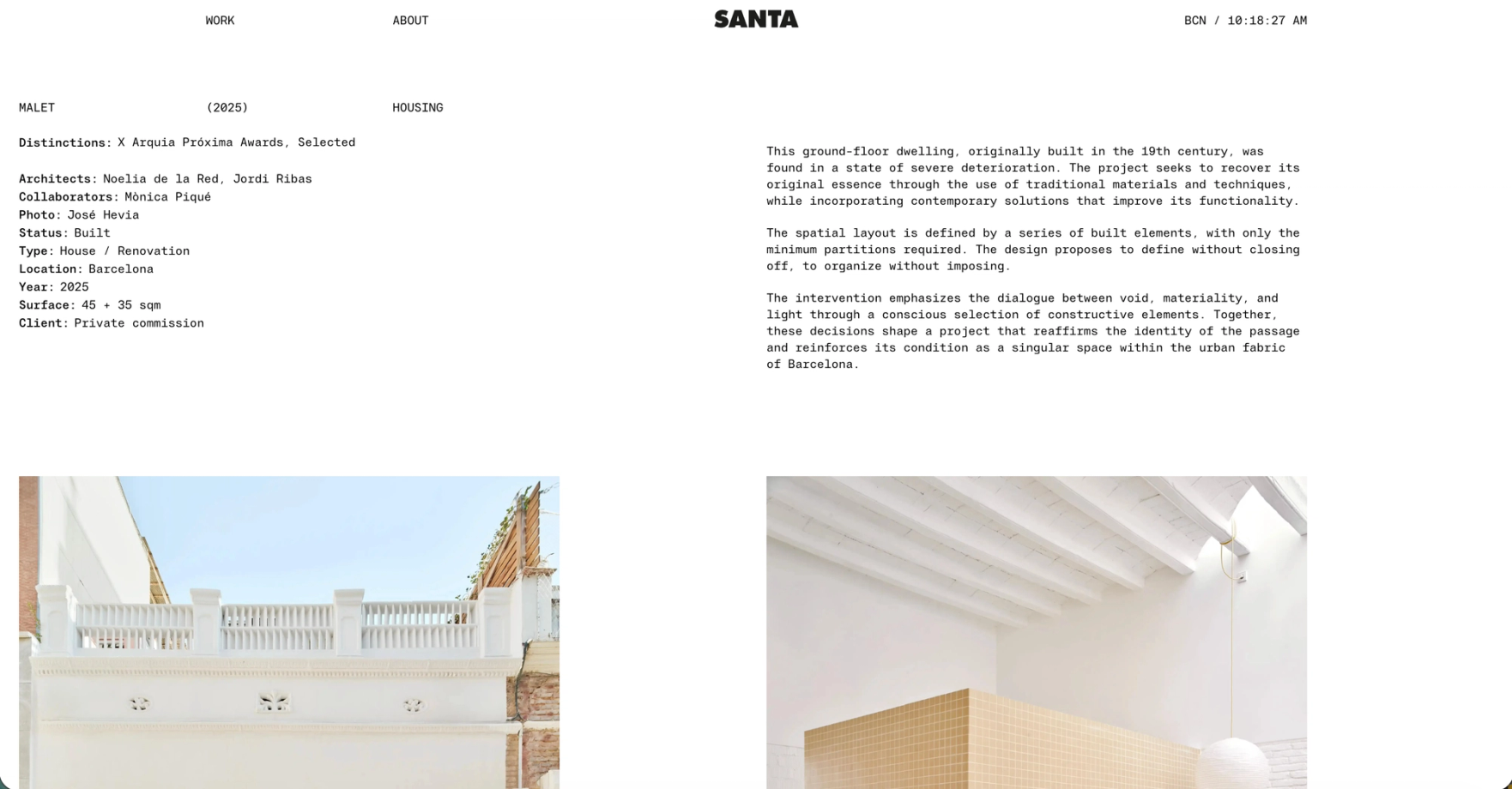 Malet project page: data sheet on the left, text on the right and photographs below