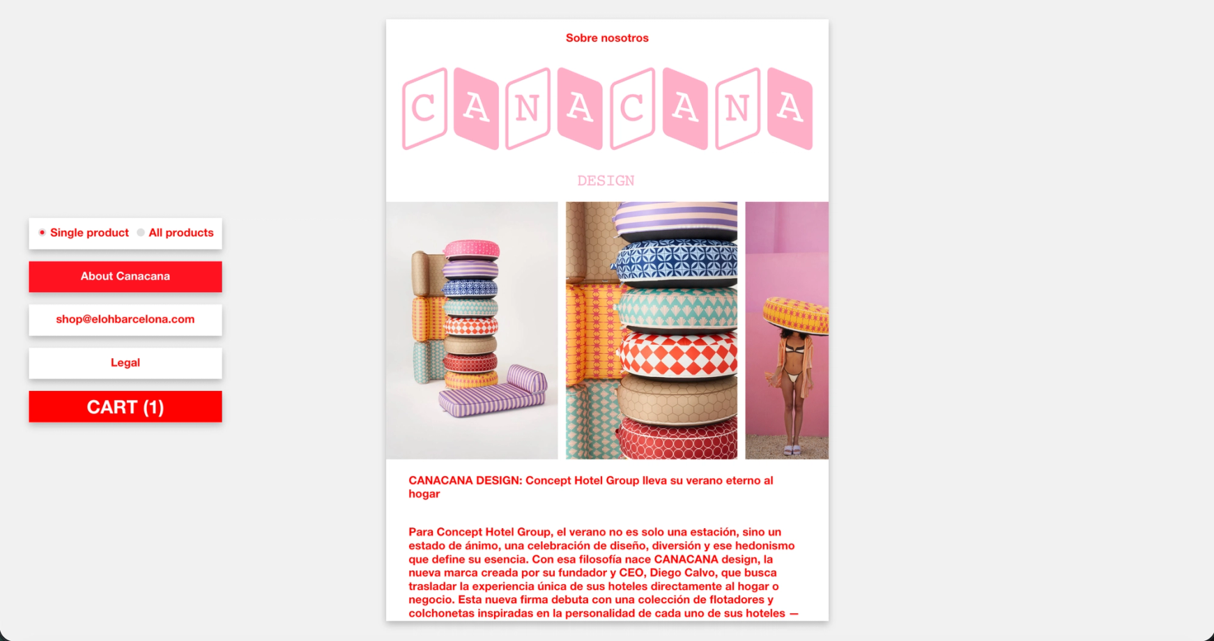 About Canacana page: a white card with the CANACANA logo and a photograph of the inflatables stacked