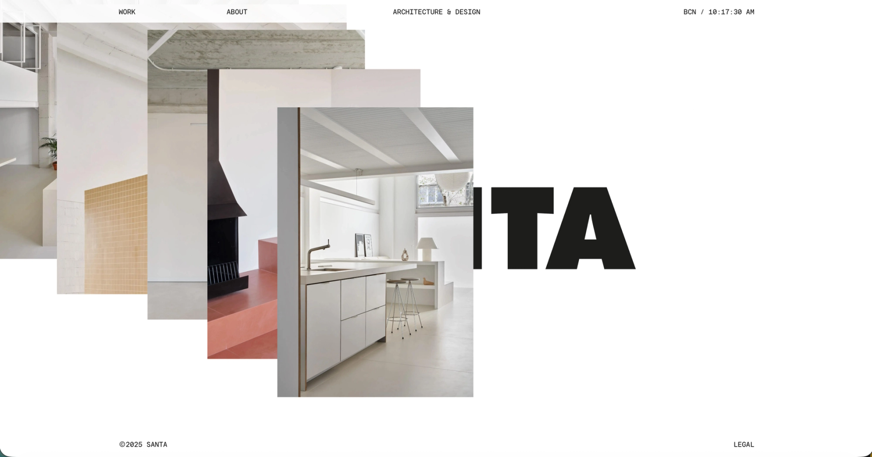 Santa Arquitectura home page with a trail of overlapping interior photographs over the wordmark