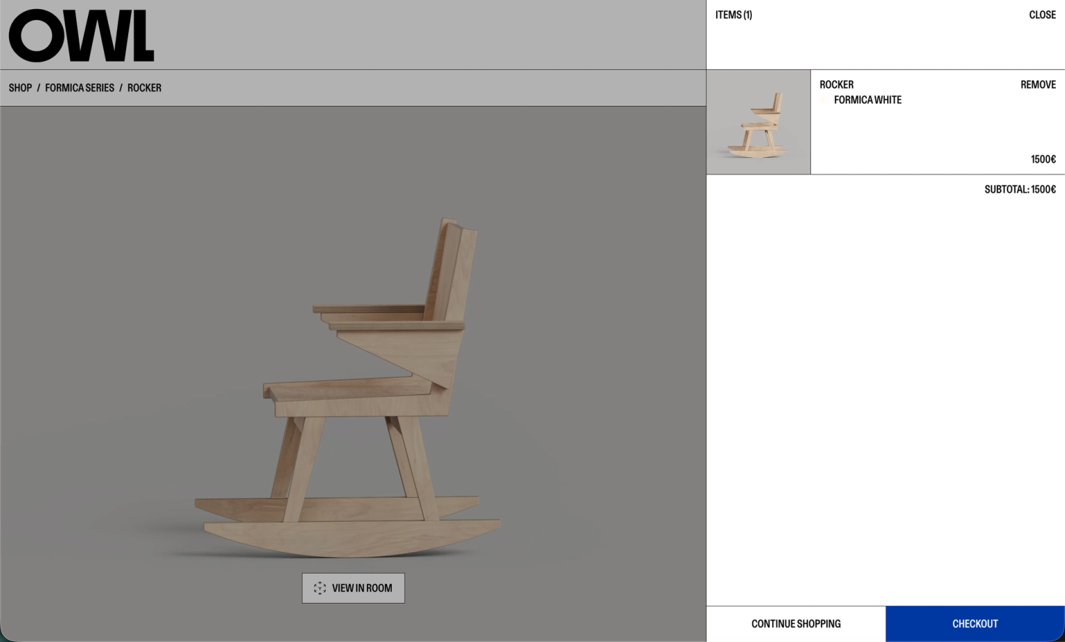 Formica Rocker product page with the cart open on the right