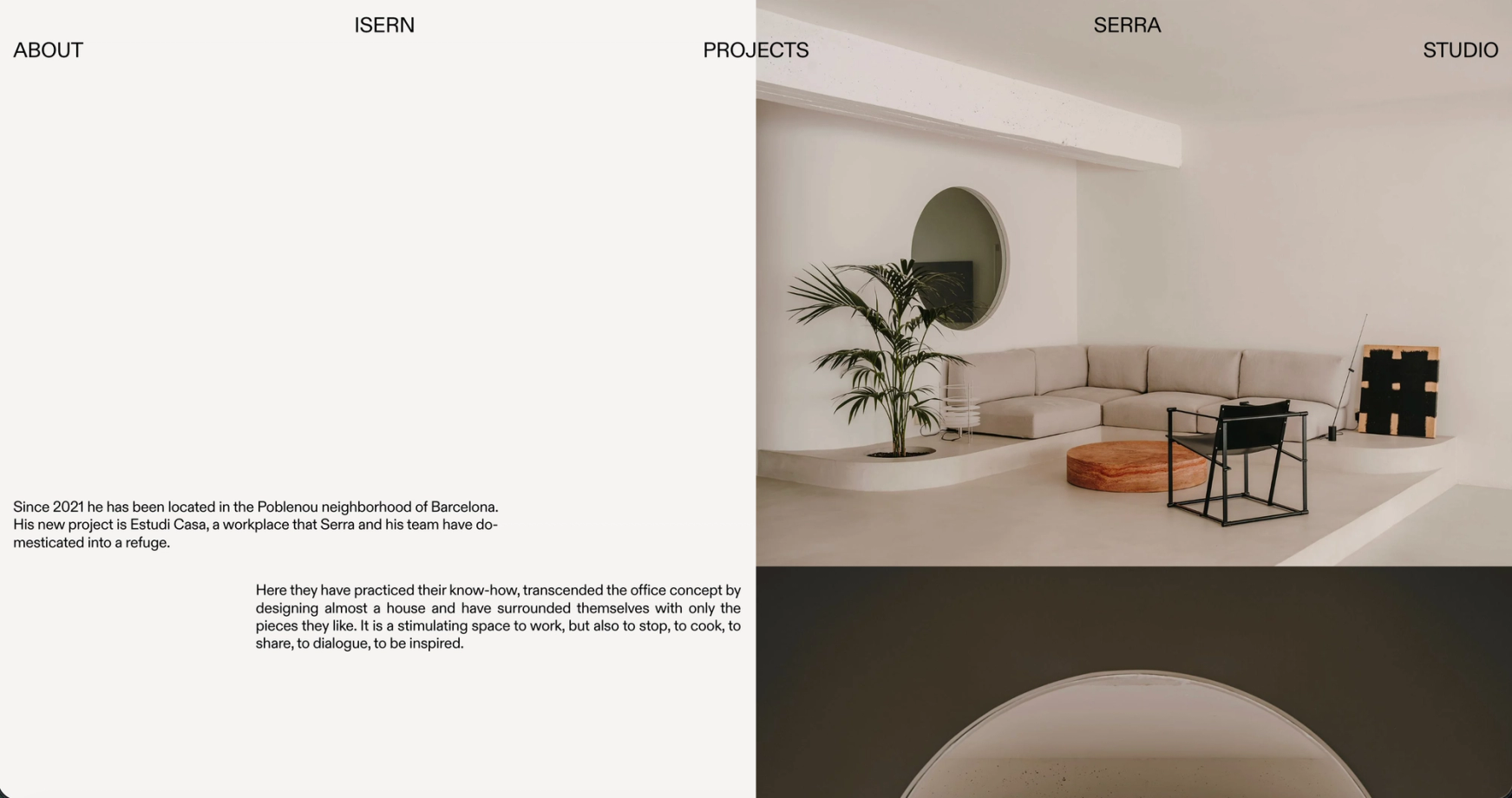 Studio page: text about Estudi Casa and a photograph of the studio's cream sofa and plants