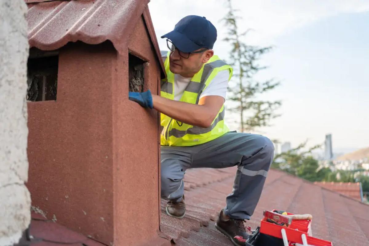Sources of roof problems - A male contractor checking an residential home's chimney and other sources of roof problems.