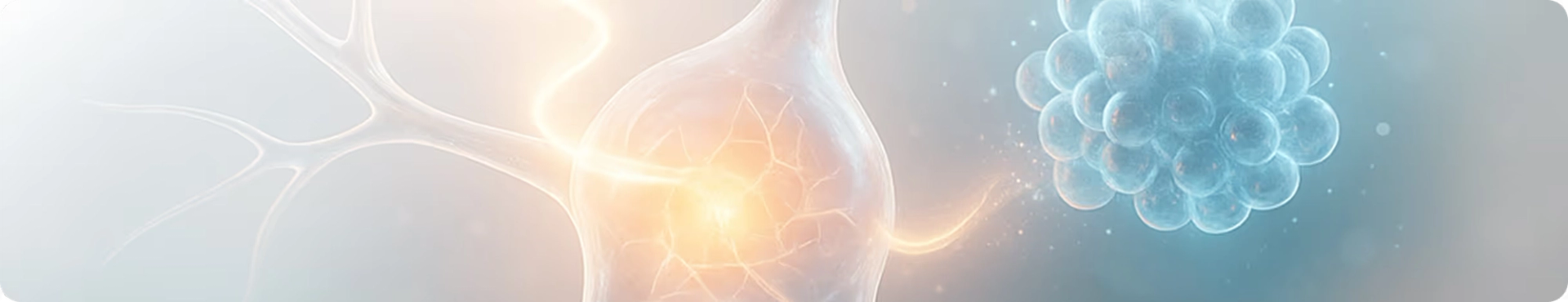Abstract illustration of neural pathways and cells with warm and cool light gradients