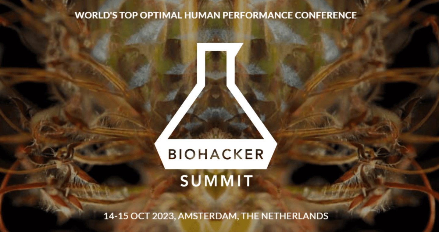 Biohacker Summit logo with text "World's Top Optimal Human Performance Conference" and event details for October 14-15, 2023 in Amsterdam