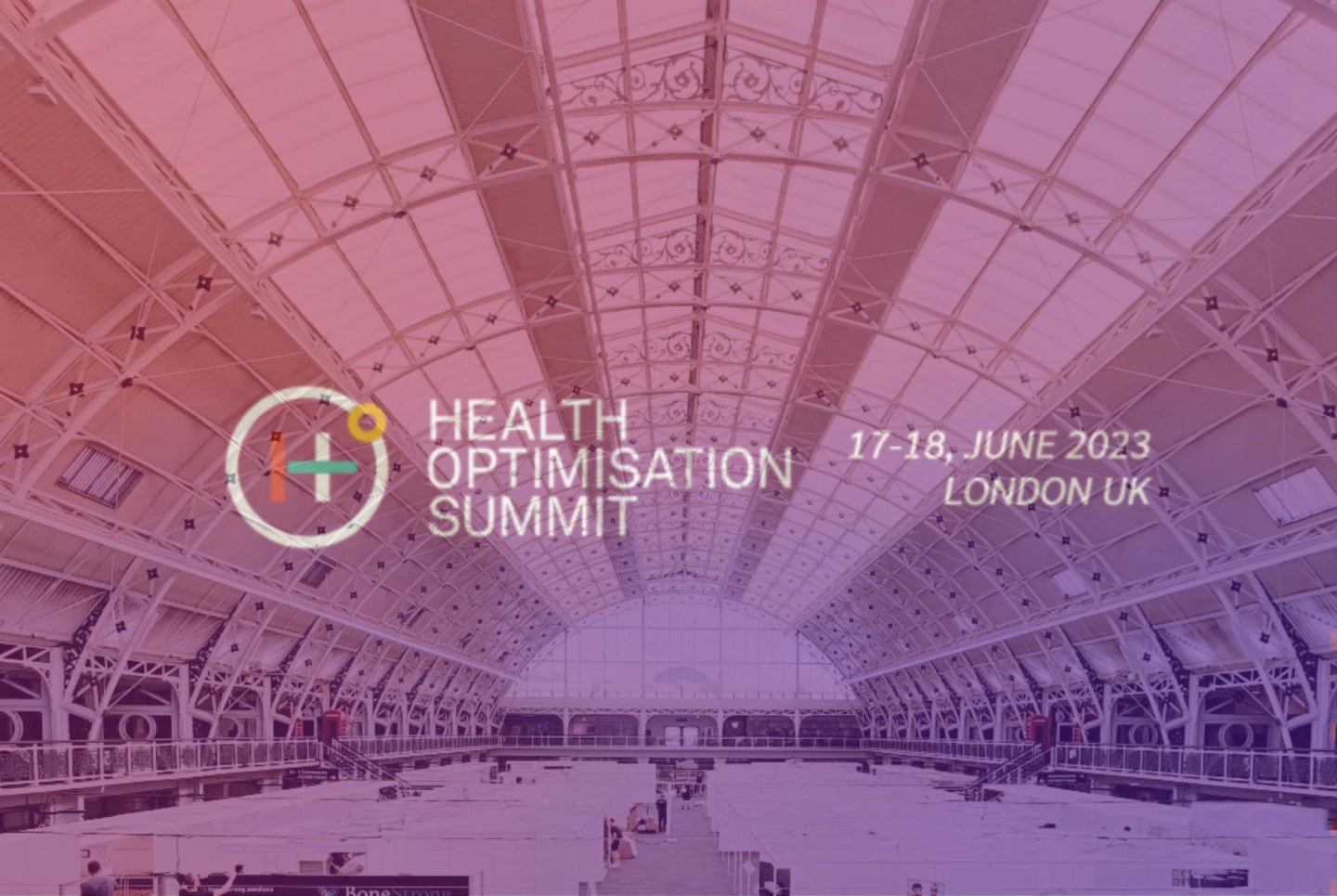 Health Optimisation Summit logo and event details overlaid on a large empty venue with ornate ceiling, 17-18 June 2023, London UK