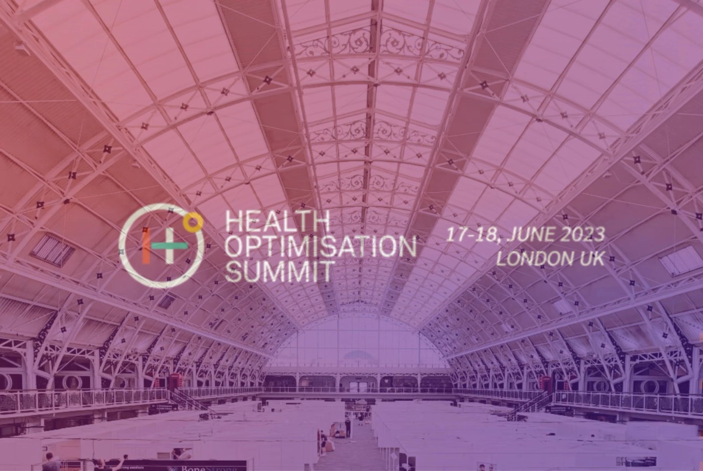 Health Optimisation Summit logo and event details overlaid on a large empty venue with ornate ceiling, 17-18 June 2023, London UK