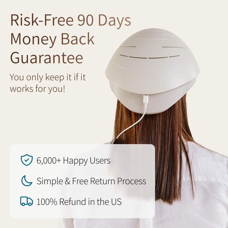 A woman seen from behind wearing the Neuronic LIGHT. Risk-free for 90 days: over 6,000 happy users, a simple and free return process, and a 100% refund in the US.