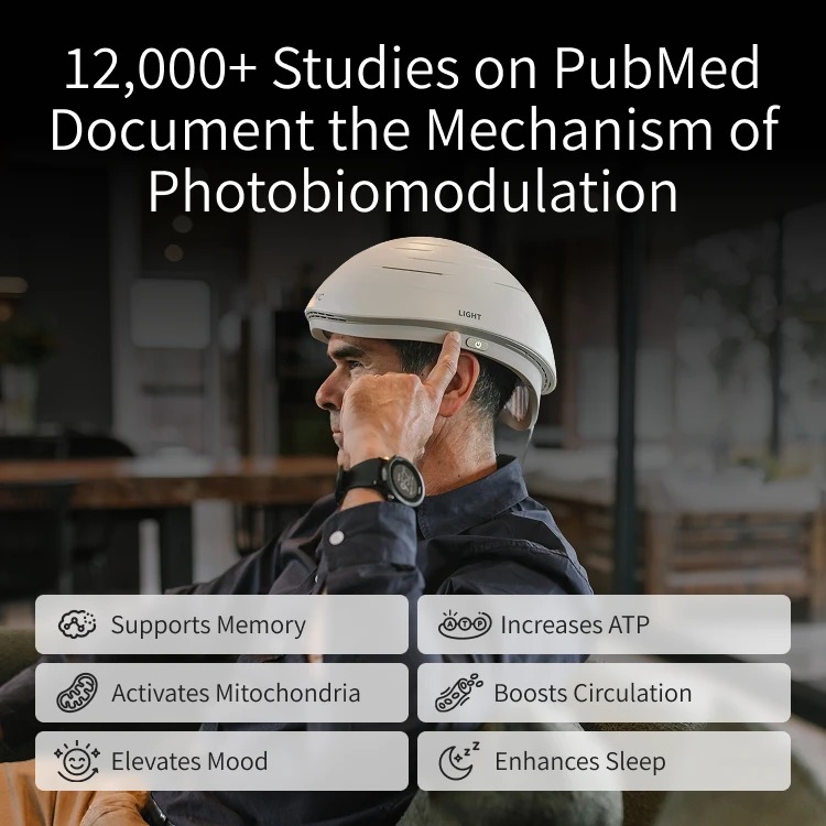 A man wearing the Neuronic LIGHT, with six reported effects listed: memory, mitochondria, mood, ATP, circulation, and sleep. Over 12,000 studies on PubMed support the science behind photobiomodulation (PBM).