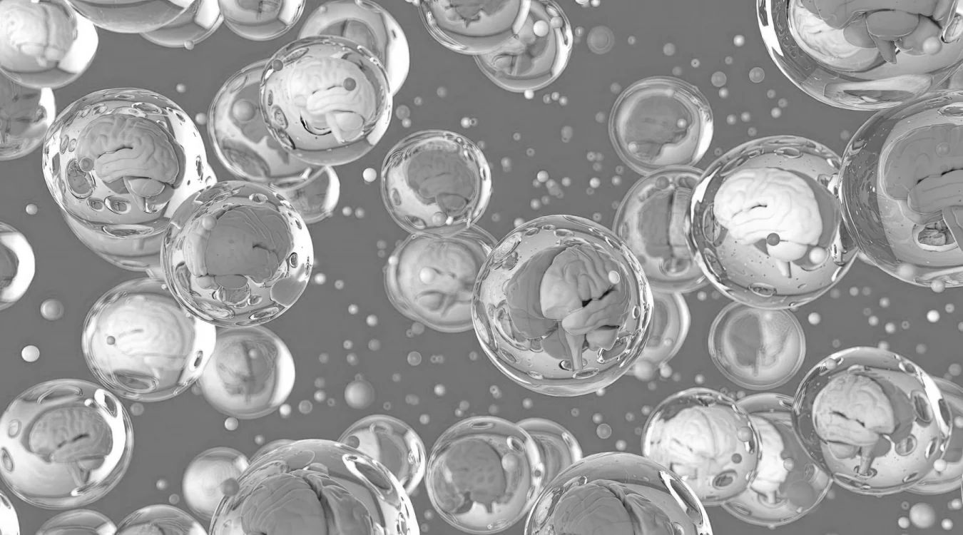 Microscopic view of cells with visible internal structures suspended in fluid against a gray background