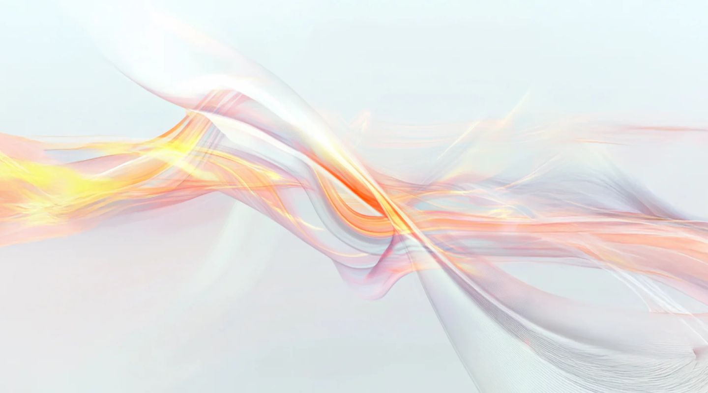 Swirling ribbons of yellow, orange, and pink light flowing across a pale blue background