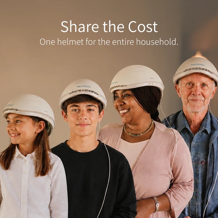 A family of four wearing Neuronic LIGHT helmets. One device can be shared across the whole household.