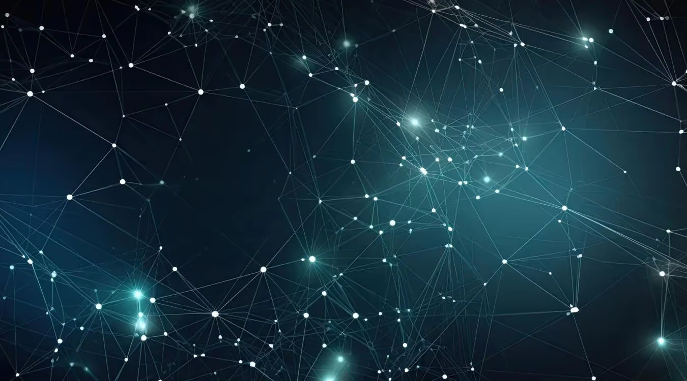 Abstract network visualization with interconnected nodes and lines on dark blue-teal background