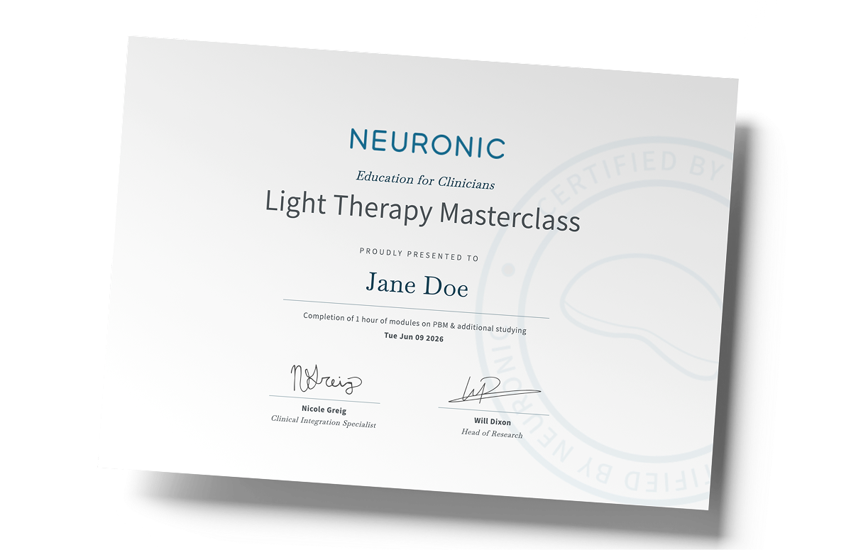 Neuronic Light Therapy Masterclass certificate awarded to Jane Doe for completing 1 hour of modules on photobiomodulation (PBM) and additional studying, dated June 9 2026, signed by Nicole Greig (Clinical Integration Specialist) and Will Dixon (Head of Research)