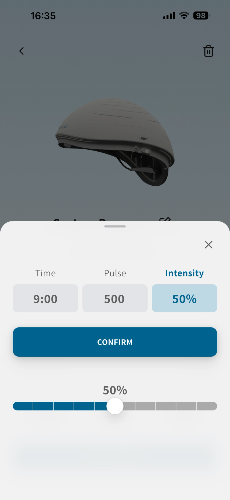 Neuronic app custom program editor with time, pulse rate, and intensity controls and a Confirm button