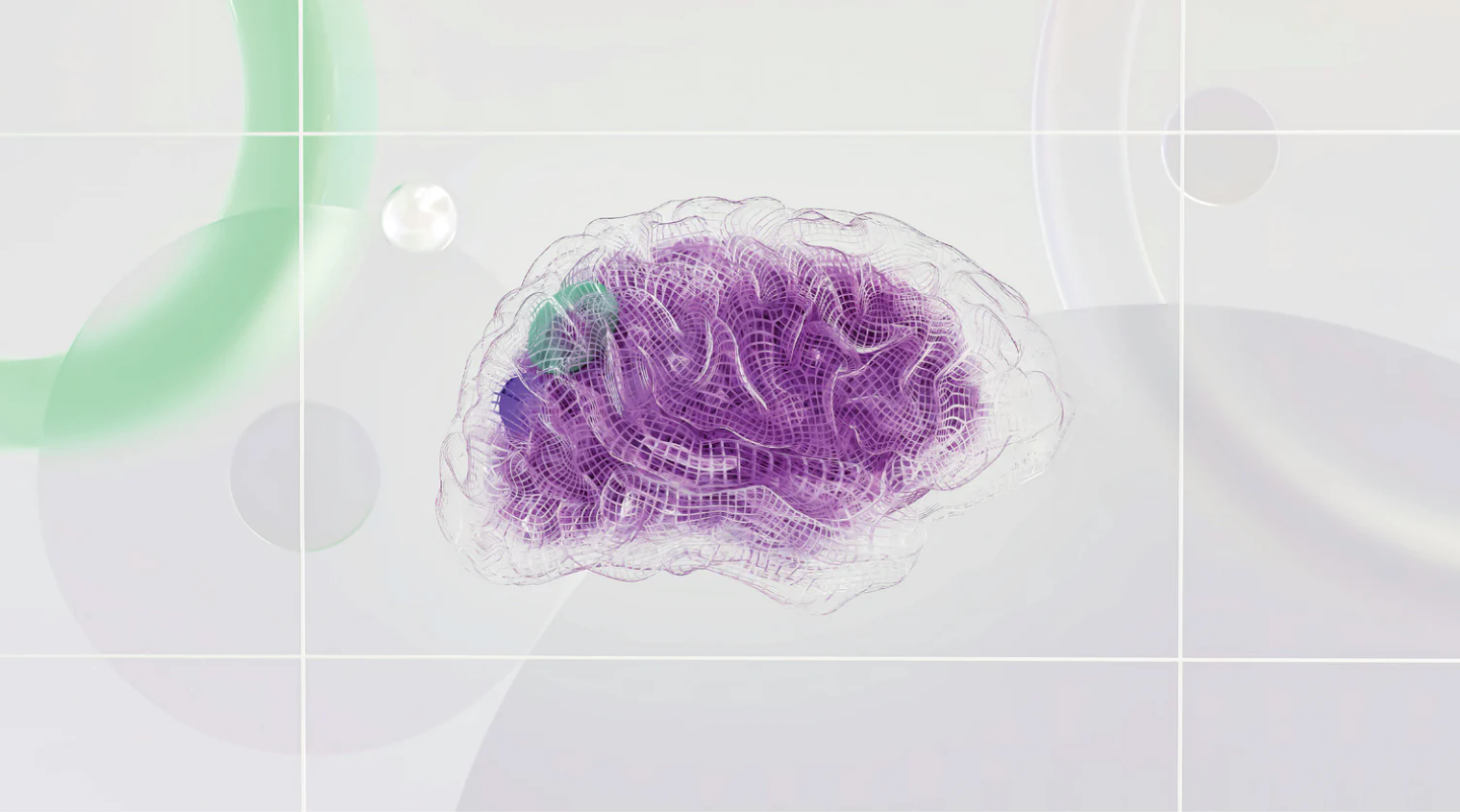 Brain illustration with purple mesh overlay showing neural activation, surrounded by green and white gradient elements