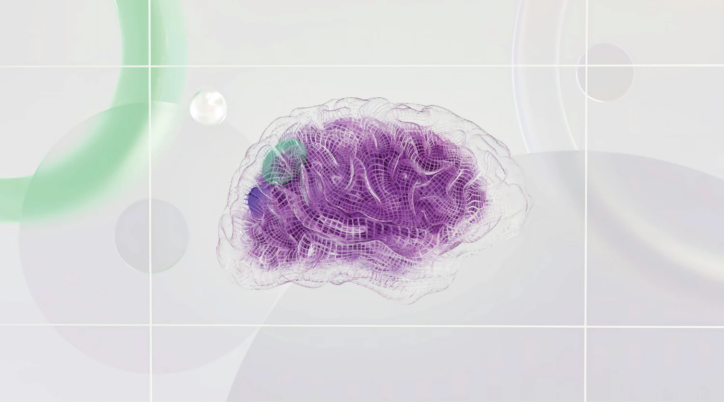 Brain illustration with purple mesh overlay showing neural activation, surrounded by green and white gradient elements