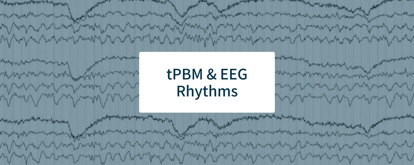 EEG waveform readings with multiple channels displayed in blue-gray, white text box overlay reading "tPBM & EEG Rhythms