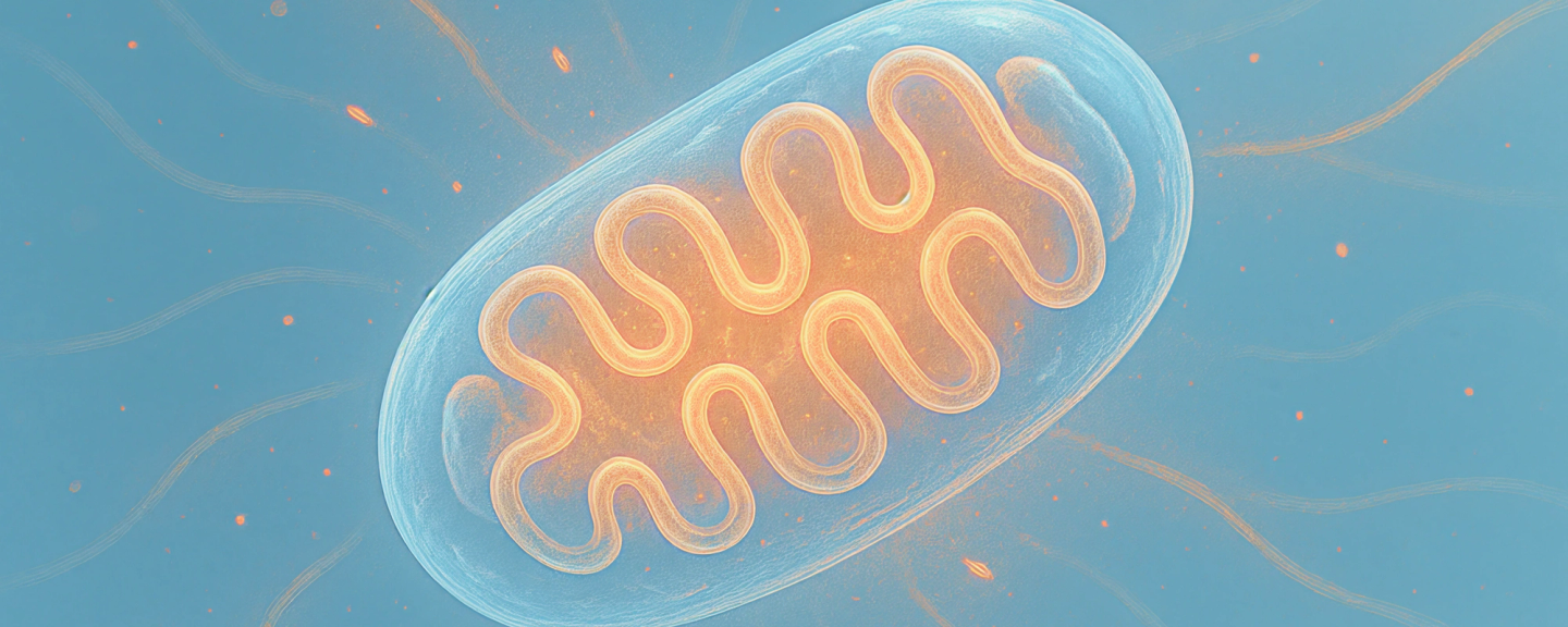 Mitochondrion with glowing cristae structures against blue background with particle effects