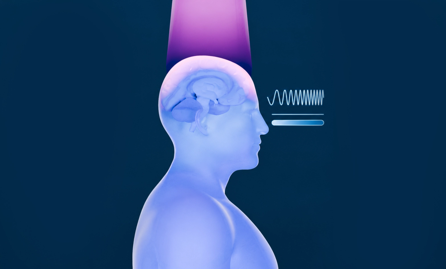 Schematic side view of a head: a continuous LED band covering the whole scalp down to the cerebellum, with nine larger ultra-high-power LEDs ringed, beside a waveform that speeds up and a gradient intensity bar