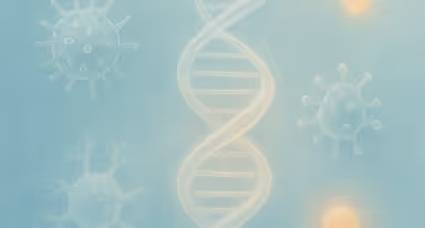 DNA double helix with molecular structures on blue gradient background