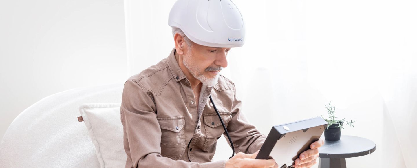 Man wearing Neuronic Helmet while holding a tablet, seated and looking at the screen
