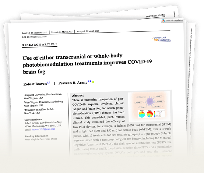 First page of the Journal of Biophotonics research article by Bowen and Arany on photobiomodulation for COVID-19 brain fog