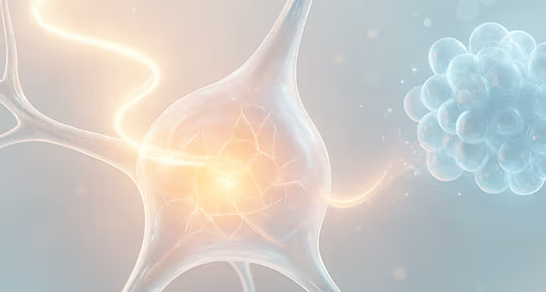 Abstract illustration of neural connections with warm light on left and blue spheres on right