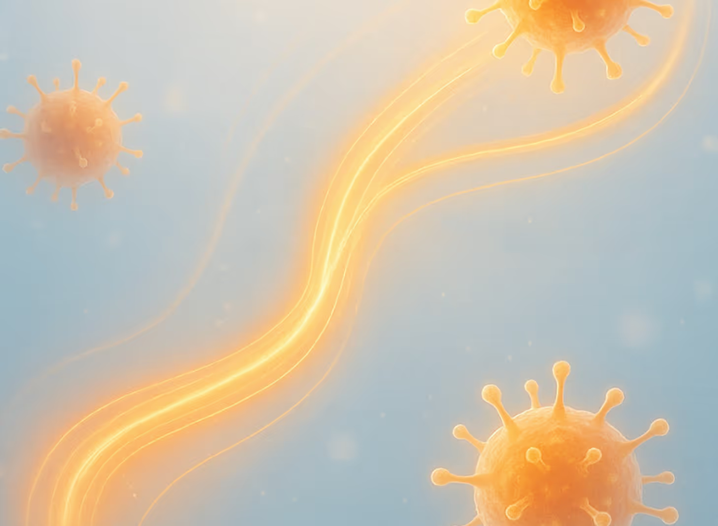 Abstract illustration with illuminated particles and flowing light waves on blue background