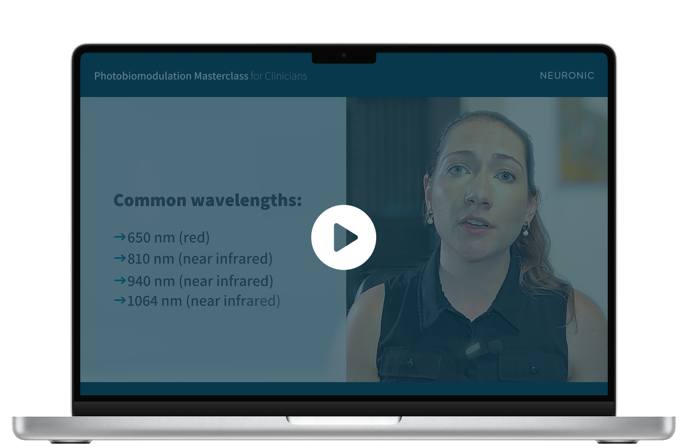 Laptop showing a Neuronic Photobiomodulation Masterclass for Clinicians video lesson,