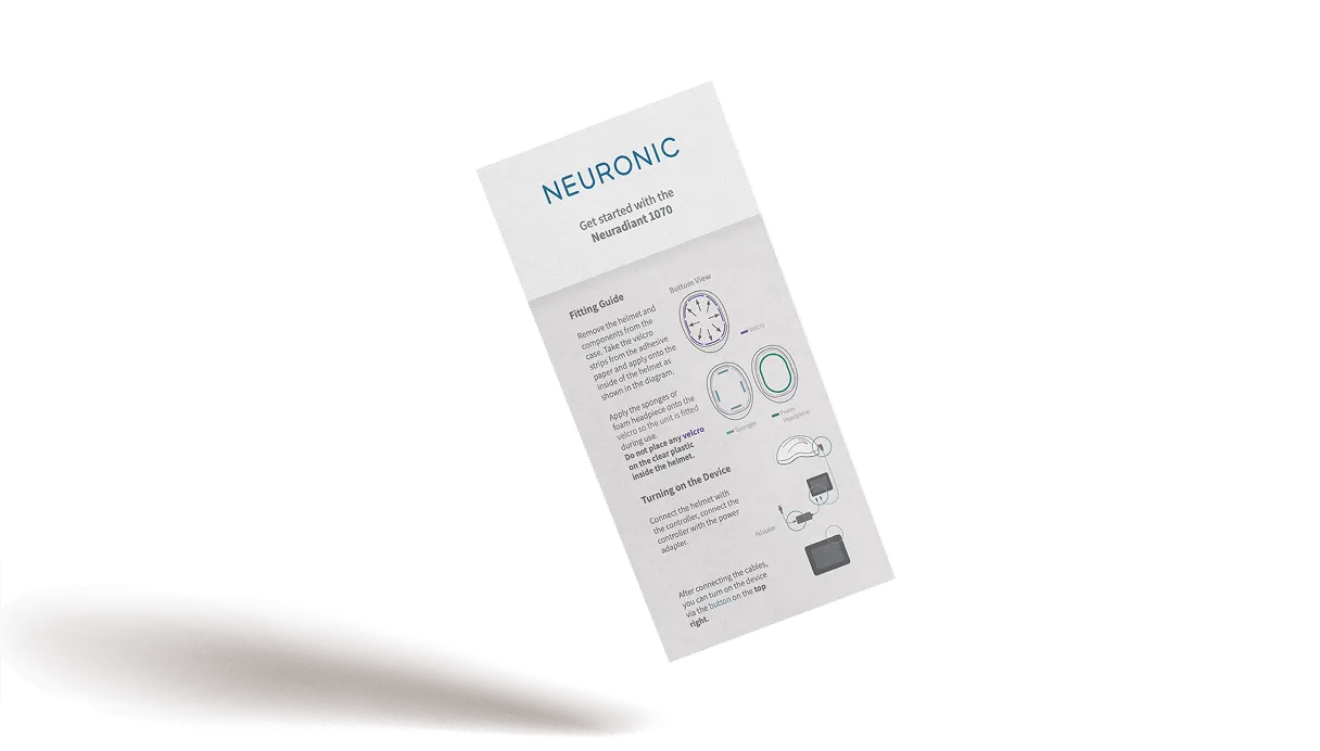 Neuronic Neuradiant 1070 quick-start guide booklet with fitting instructions and device setup diagrams